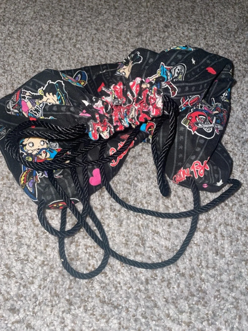 Betty Boop Black Drawstring Backpack with Multicolor Motifs